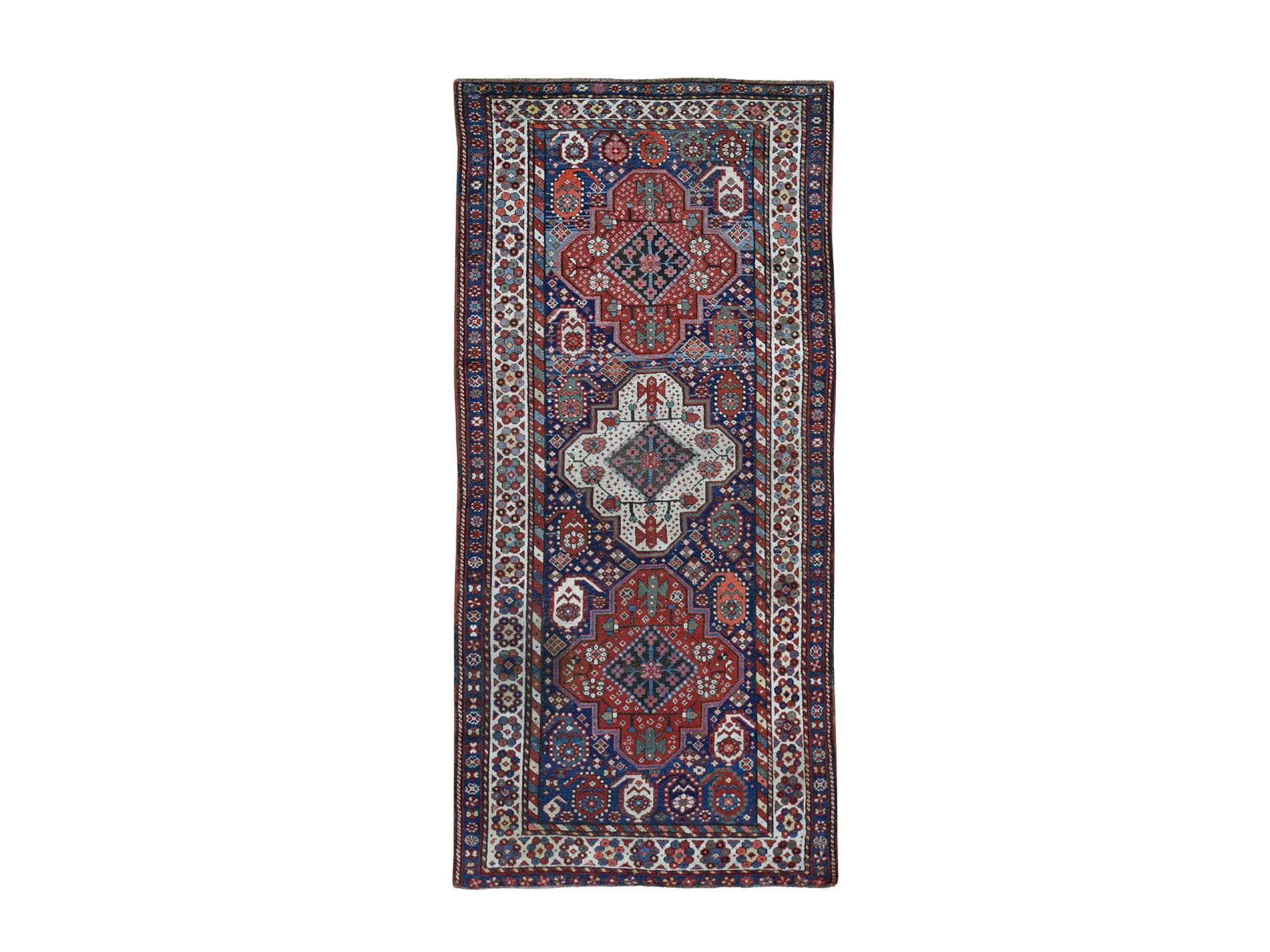 3'9"X8' Blue Antique Caucasian Kazak Exc Con Hand Knotted Wide Runner Oriental Rug moad7c7d